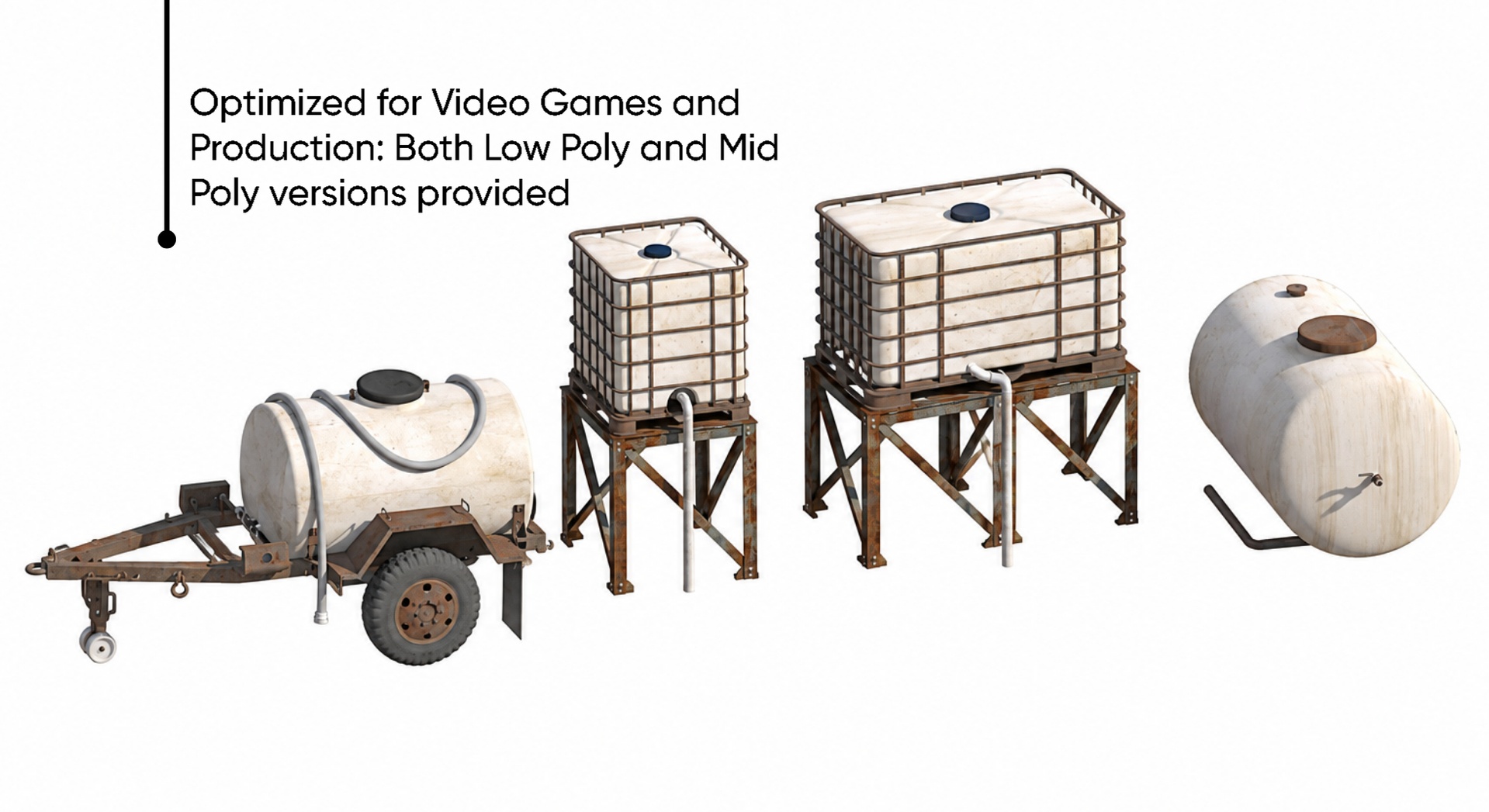 Media 1 for listing Industrial Water Tanks and Trailer Asset Pack - Low Poly and Mid Poly Versions