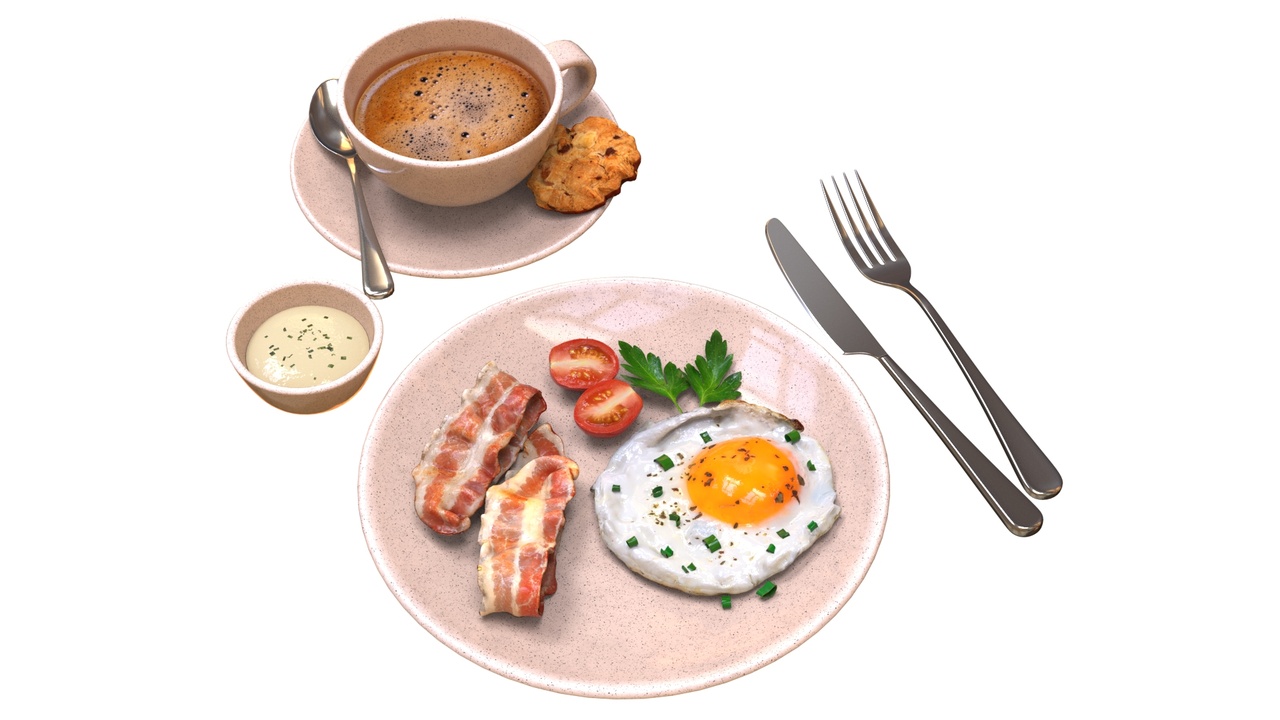 Media 1 for listing Breakfast with fried egg bacon and coffee