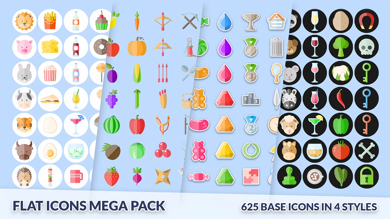 Media 1 for listing Icons Mega Pack, Flat 625 GUI icons in 4 styles, 10k PNG + PSD & AI