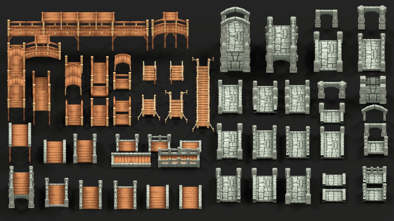 Media 1 for listing Modular Wooden & Stone Bridge Tiles Pack – Stylized Tilable Environment Set