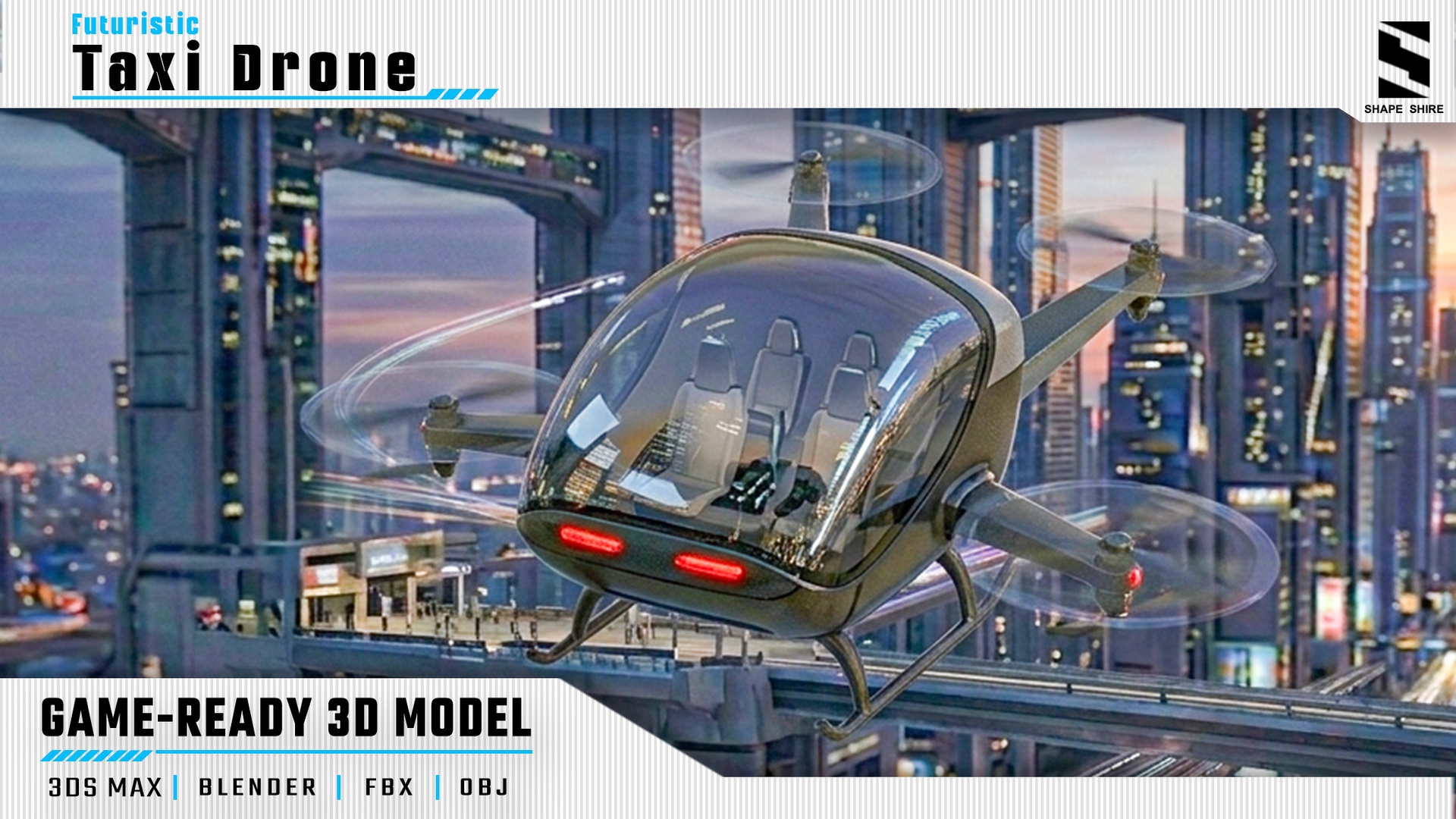 Media 1 for listing Futuristic Taxi Drone 3D Model | PBR Game-Ready Sci-Fi Vehicle