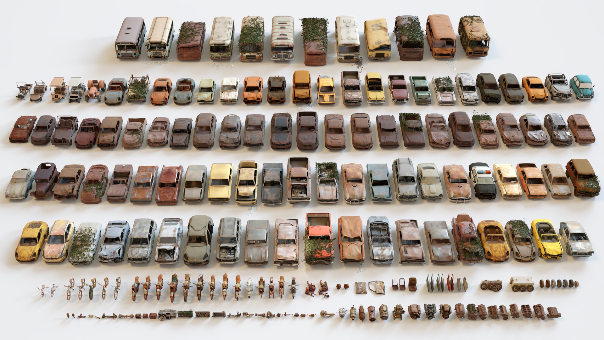 Media 1 for listing Old Abandoned Junk Rusty Vehicles 3d Game Ready Set (Car, Bus, Motorcycle, Bike)