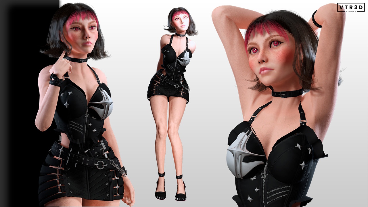 Media 1 for listing Stylized Cyberpunk Goth Female Character Pink Hair Rigged