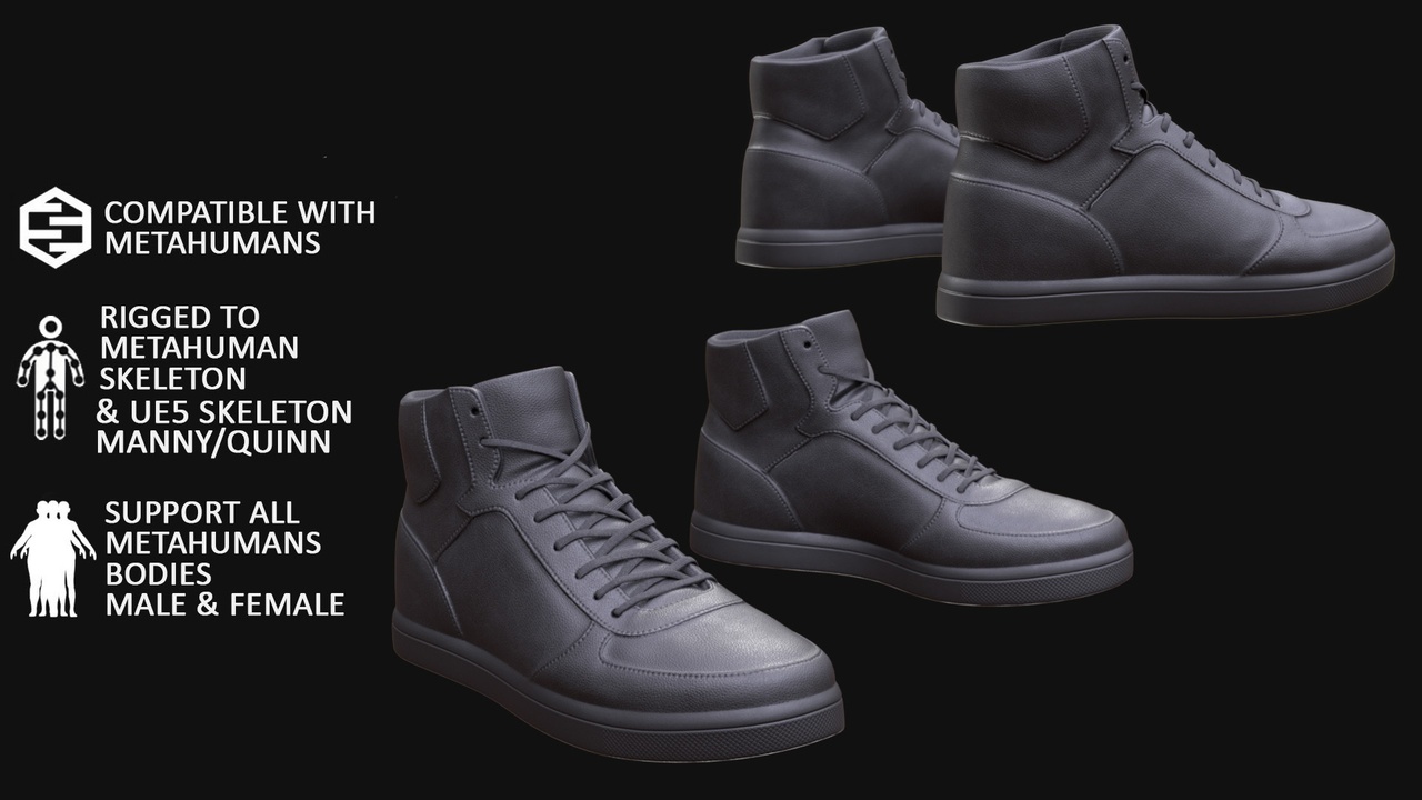 Media 1 for listing High Top Sneakers Metahuman 3D model 135 - MH & UE5 Skeletons - Rigged