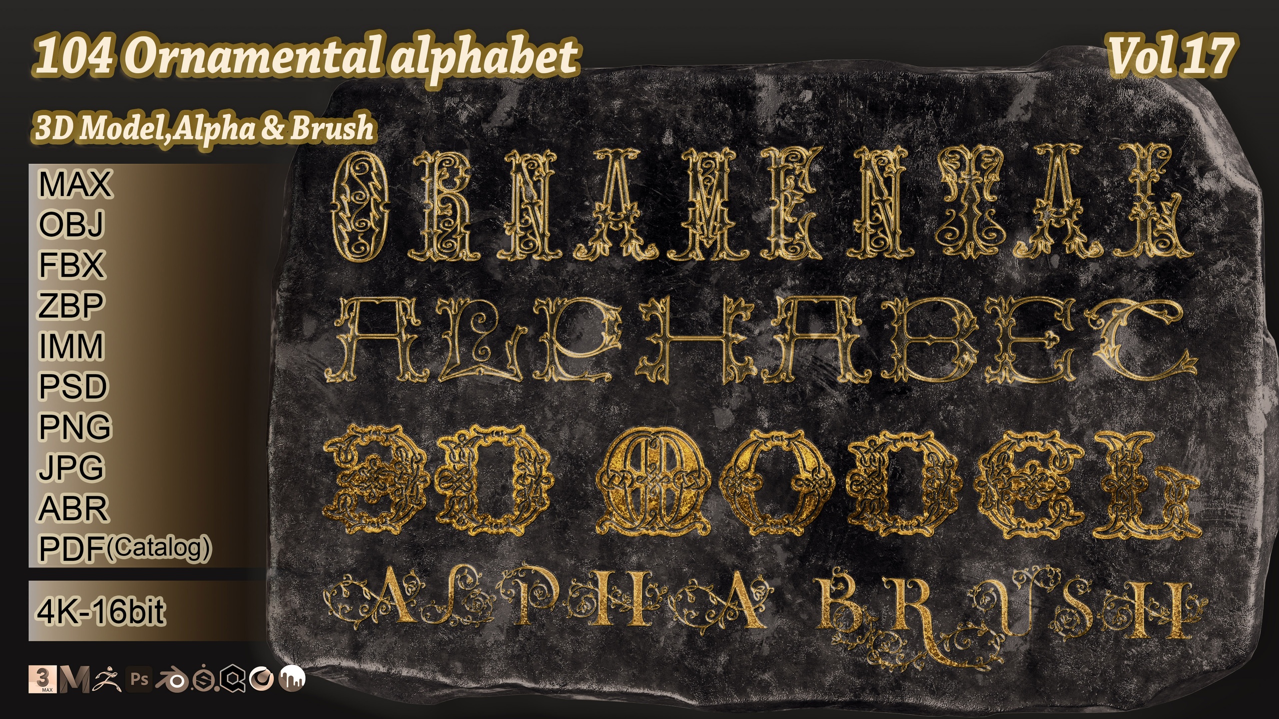 Media 1 for listing 104 Ornamental alphabet 3D Model,alpha and brush vol 17