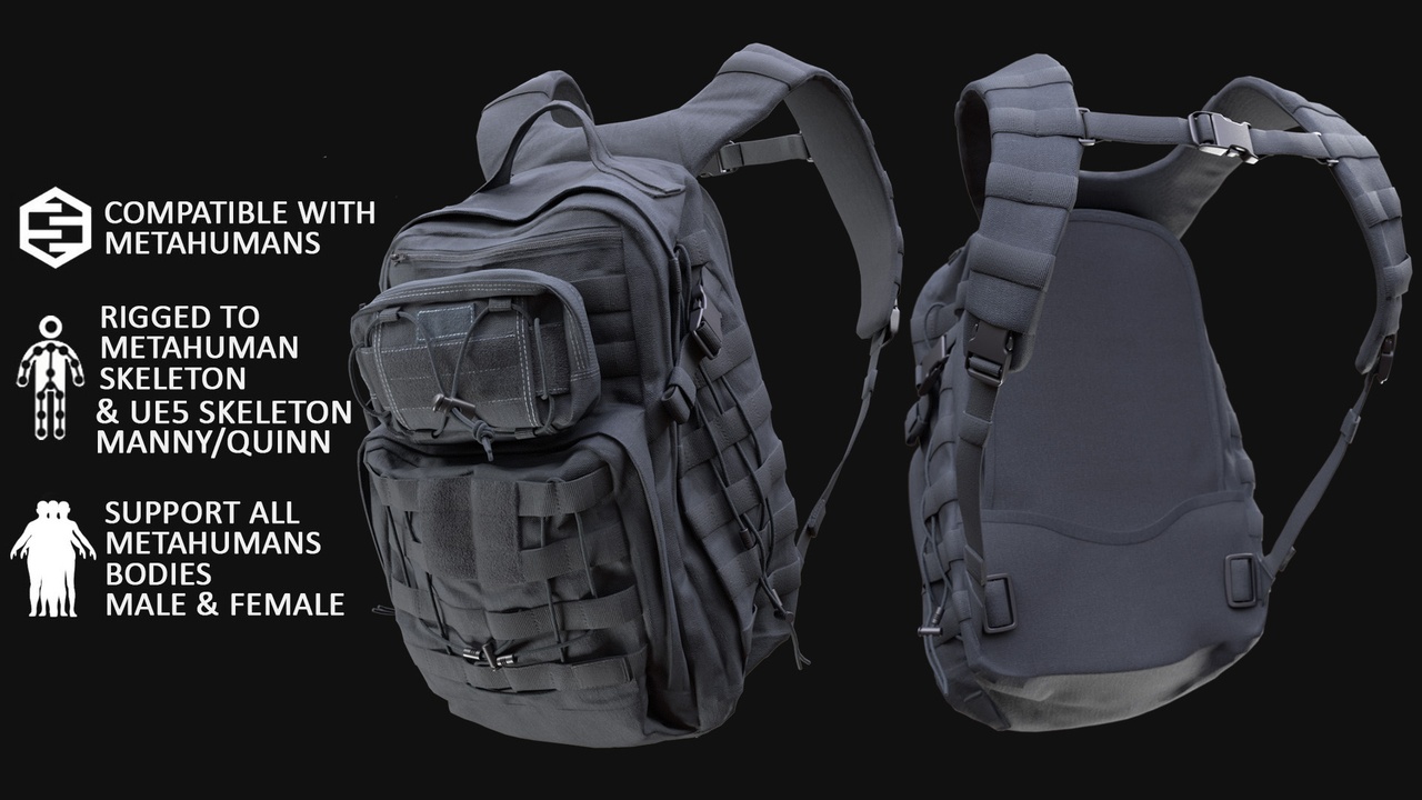 Media 1 for listing Tactical Backpack for Metahuman 3D model 112 - MH & UE5 Skeletons - Rigged