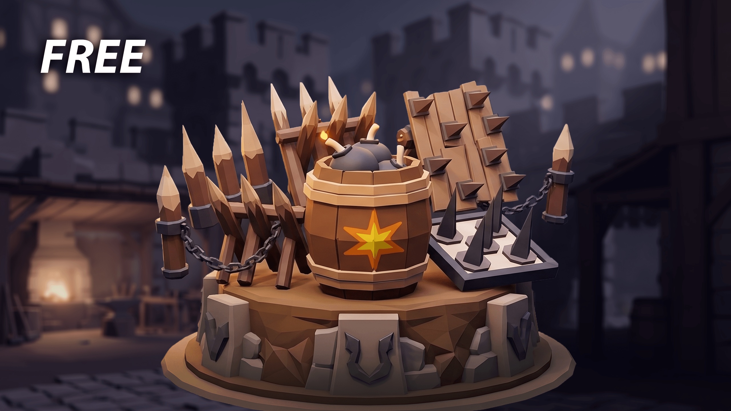 Media 1 for listing FREE Medieval Battlefield Defenses & Traps - Low Poly Stylized Pack