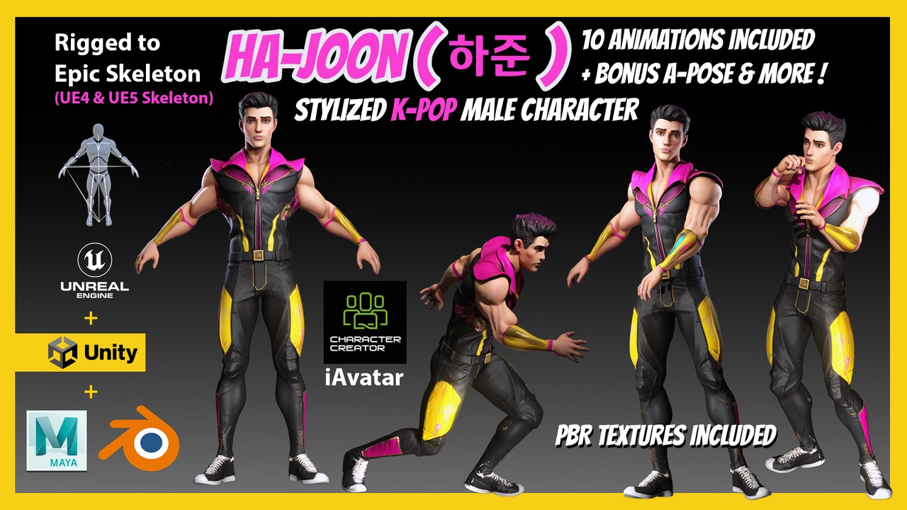 Media 1 for listing HA-JOON (하준) Stylized K-Pop Male Character for UE4/UE5, Unity, Blender and Maya