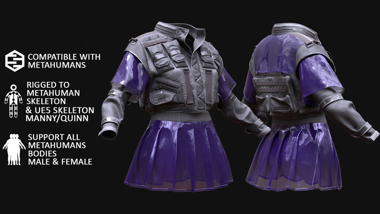 Media 1 for listing Cyberpunk Outfit Metahuman 3D model 20 - MH & UE5 Skeletons - Rigged