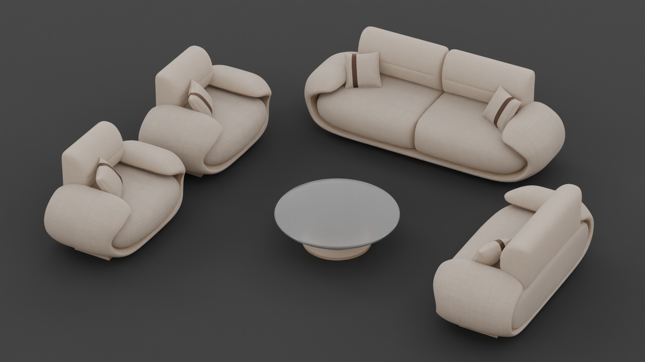 Media 1 for listing Curved Cream Sofa Set Furniture with Round Glass Coffee Table