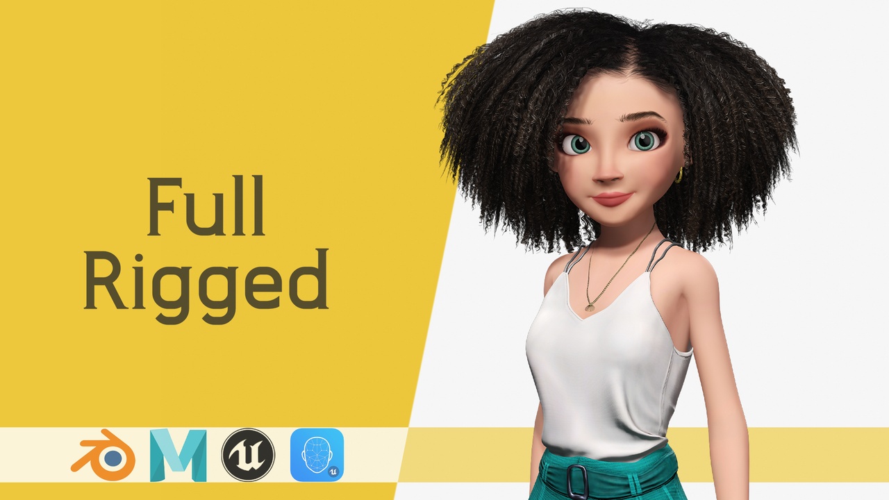 商品 Natural Curly Hair Rigged Stylized 3D Female Expressive Character 的媒体 1