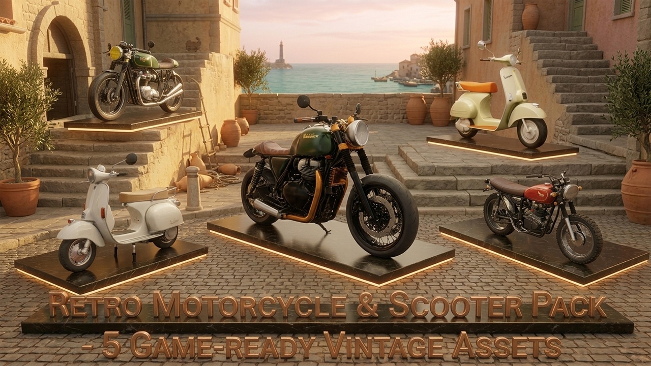 Media 1 for listing Retro Motorcycle & Scooter Pack  – 5 Game-Ready Vintage Vehicles
