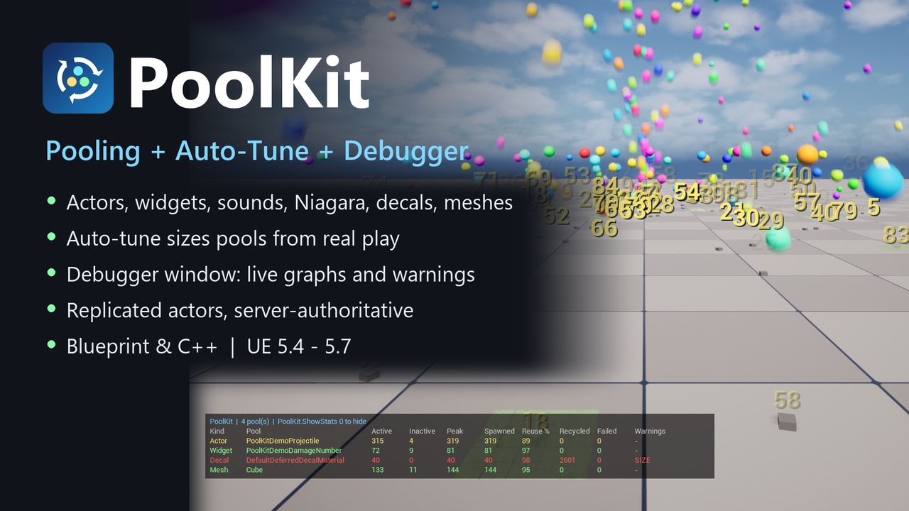 Media 1 for listing PoolKit - Actor, Widget & FX Pooling with Auto-Tune, Debugger and Multiplayer