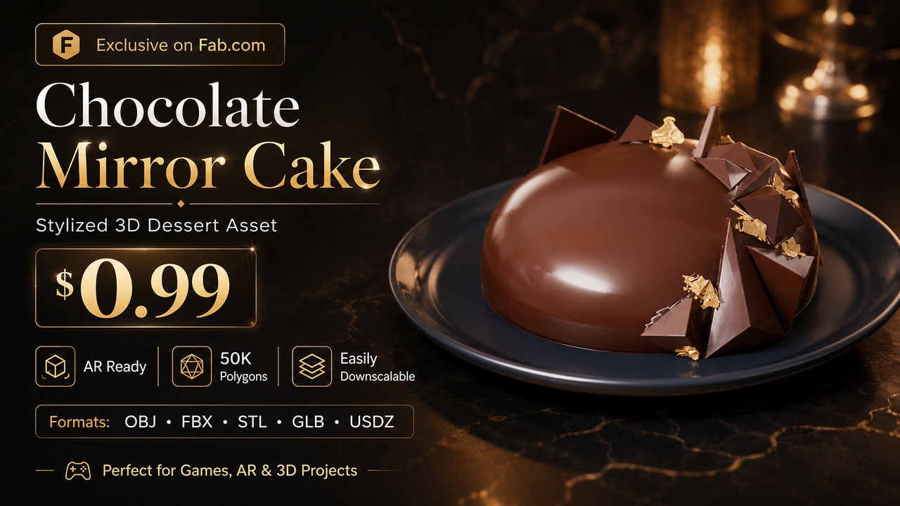 Media 1 for listing Chocolate Mirror Cake | Stylized 3D Dessert Asset | AR Ready