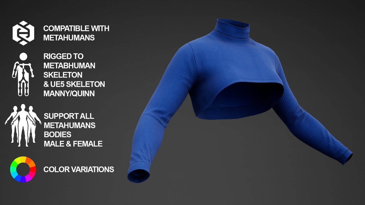 Media 1 for listing 3D Crop Top Model For Metahuman 8 - All MH Bodies & UE5 Skeletons - Rigged