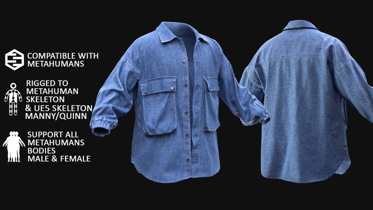 Media 1 for listing Denim Jacket for Metahuman 3D model 36 - MH & UE5 Skeletons - Rigged