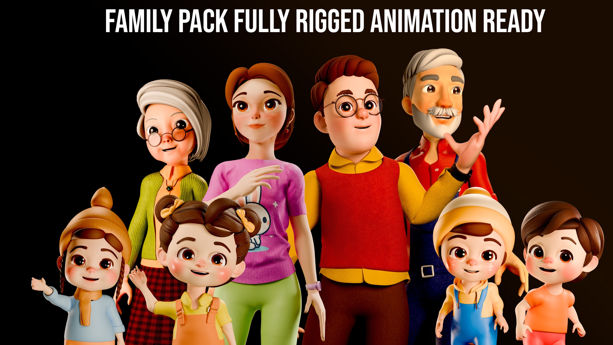 Media 1 for listing Family Pack Characters Fully Rigged Game Ready Animation Ready
