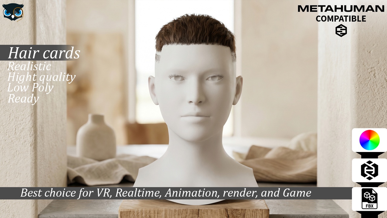 Media 1 for listing Realistic Male Buzz Cut Hair Cards Short Crop with Fade MetaHuman Compatible