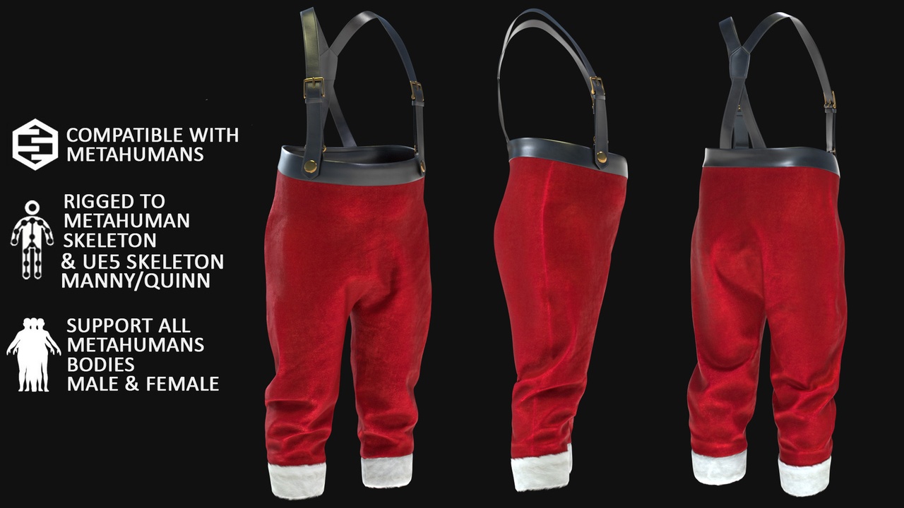 Media 1 for listing 3D Santa Claus Pants Model - Parametric + MH Bodies + UE5 Skeletons - Rigged