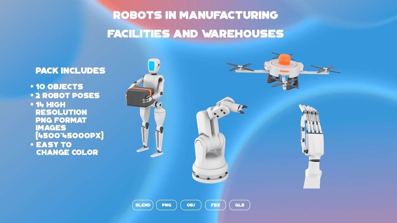 Media 1 for listing Robots In Manufacturing Facilities And Warehouses 3D Icon Set