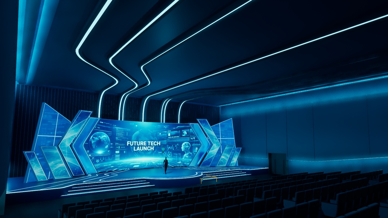 未来科技发布舞台 - 虚拟活动环境 - Futuristic Tech Launch Stage - Virtual Event Environment