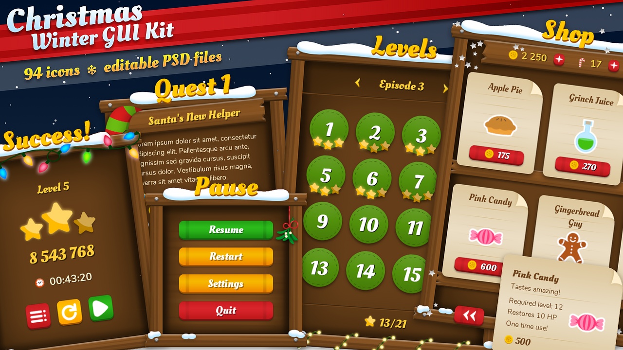 Media 1 for listing Christmas Winter GUI / UI Kit + icons + widgets + PSD/AI source files