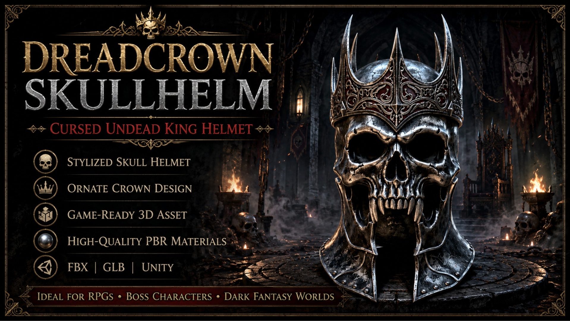 Media 1 for listing Dreadcrown Skullhelm – Cursed Undead King Helmet