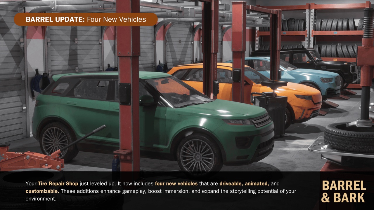 商品 Tire Repair Shop Environment with 4 Driveable Cars 的媒体 1