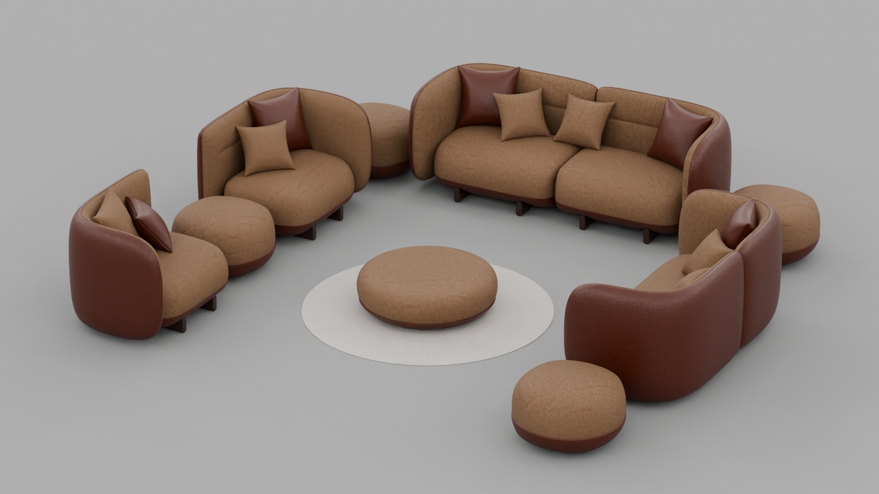 Media 1 for listing Contemporary  Leather Sofa Set Furniture with Curved Shell Backrests and Ottoman