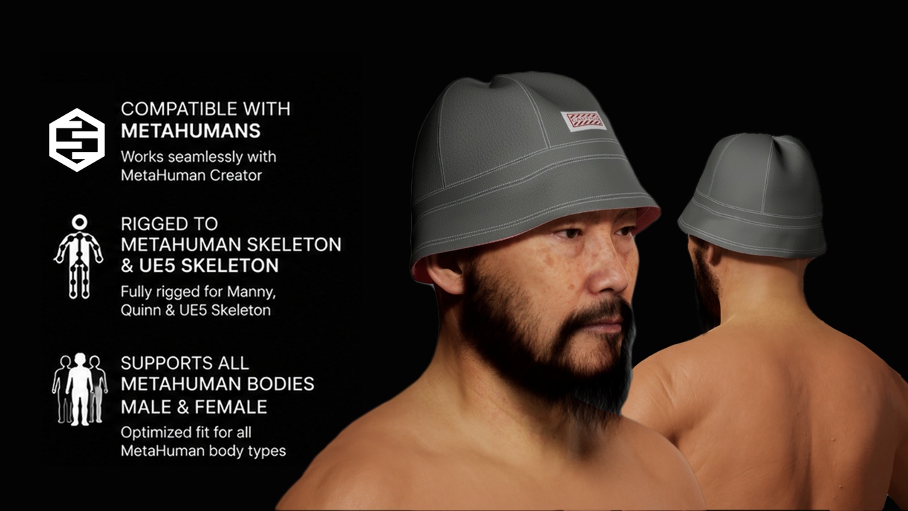 Media 1 for listing Bucket Hat for MetaHuman – MH & UE5 Skeletons – Rigged