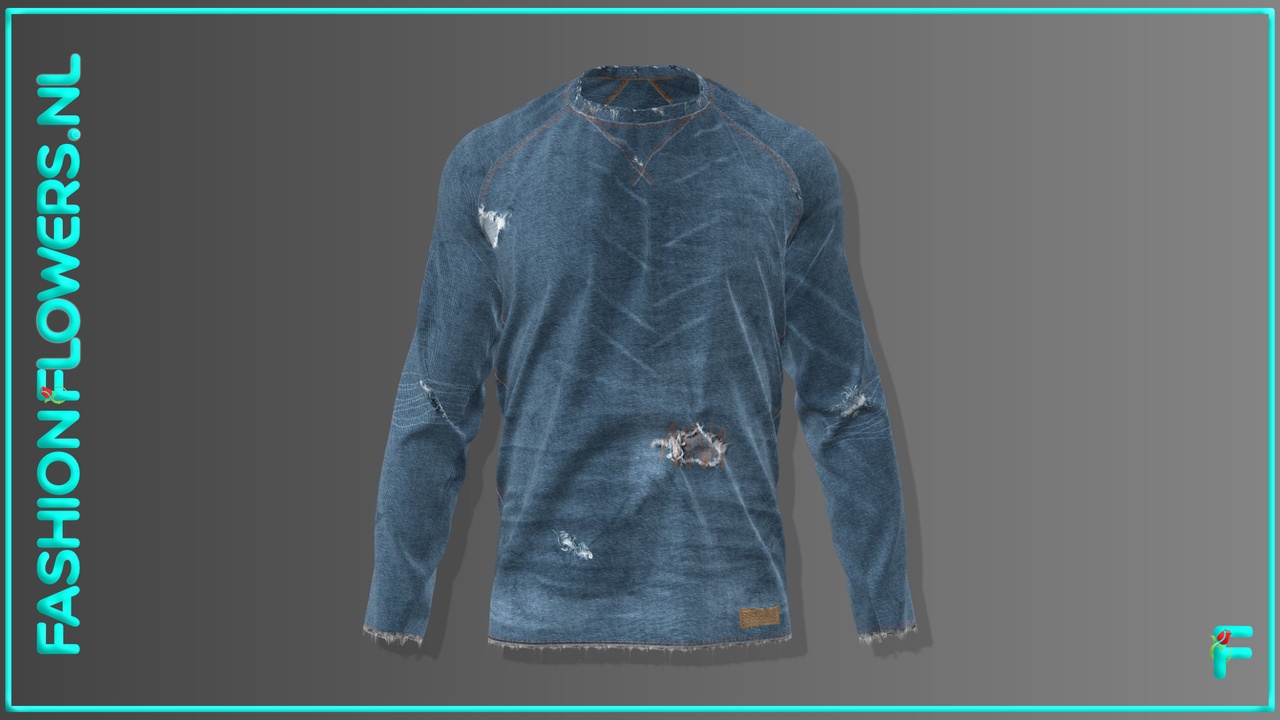 Media 1 for listing Jeans Shirt | Denim Fabric | Damaged Pullover | Raglan Long Sleeve | Color Blue