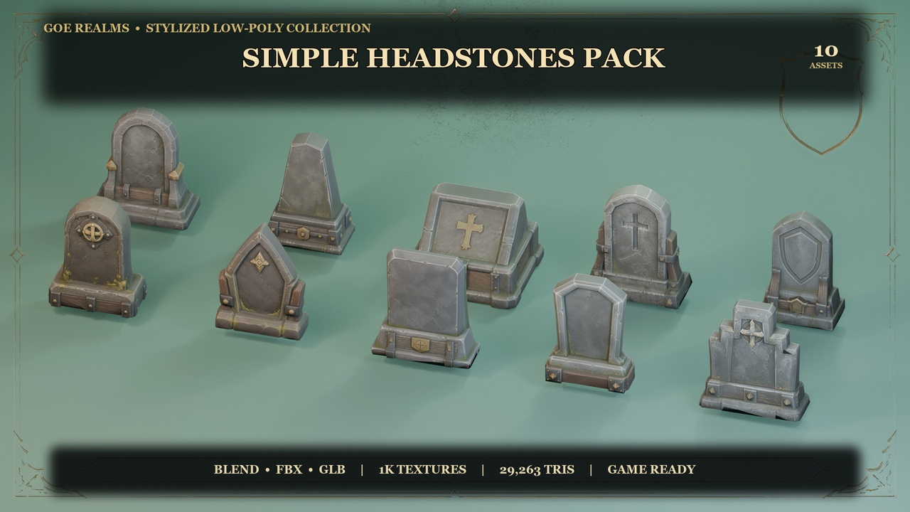 Media 1 for listing Stylized Simple Headstones Pack – 10 Hand-Painted Props