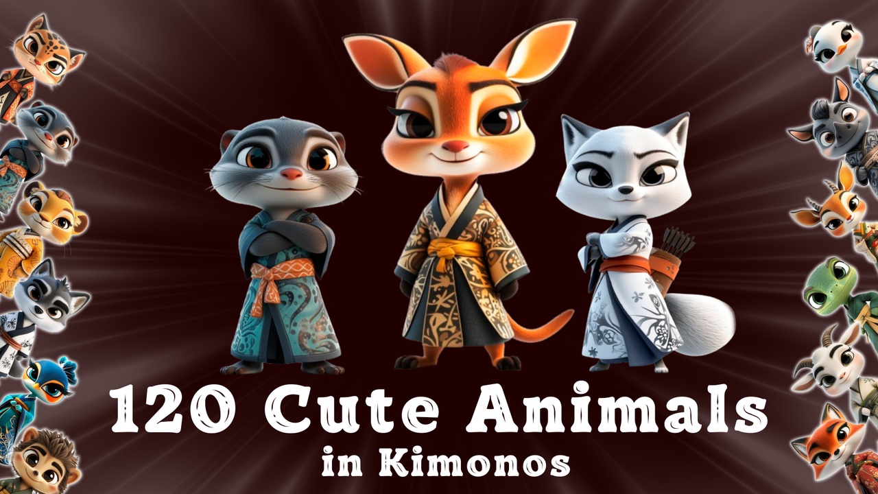 Media 1 for listing 120 Cute Animals in Vibrant Kimonos – 2D Character Icons for Games and Apps