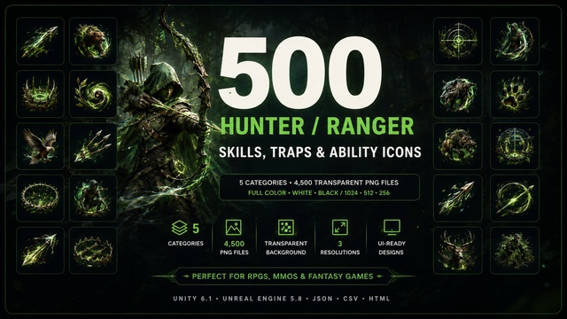 500 Ranger & Hunter Skills, Traps & Ability Icons — Cobalt Game Assets