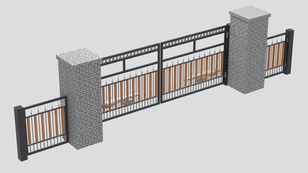 Media 1 for listing Chinese Iron Gate with Brick Columns and Wood Slats 3D Model