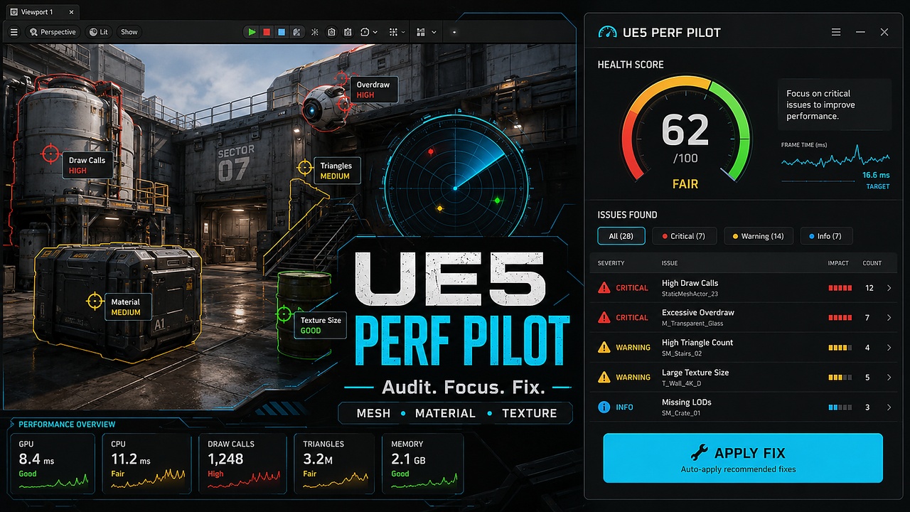 Media 1 for listing UE5 Perf Pilot — Scene Audit, Health Score & LOD Auto-Fix