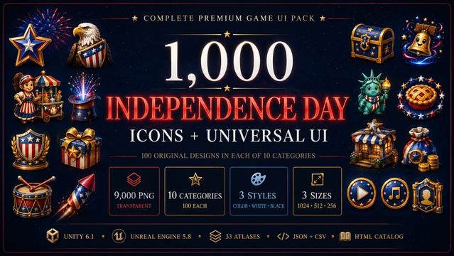 1000 Independence Day Icons USA special + Universal Game UI — Cobalt Game Assets