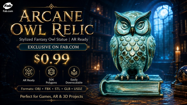 Arcane Owl Relic | Stylized Fantasy Owl Statue | AR Ready — Cobalt Game Assets