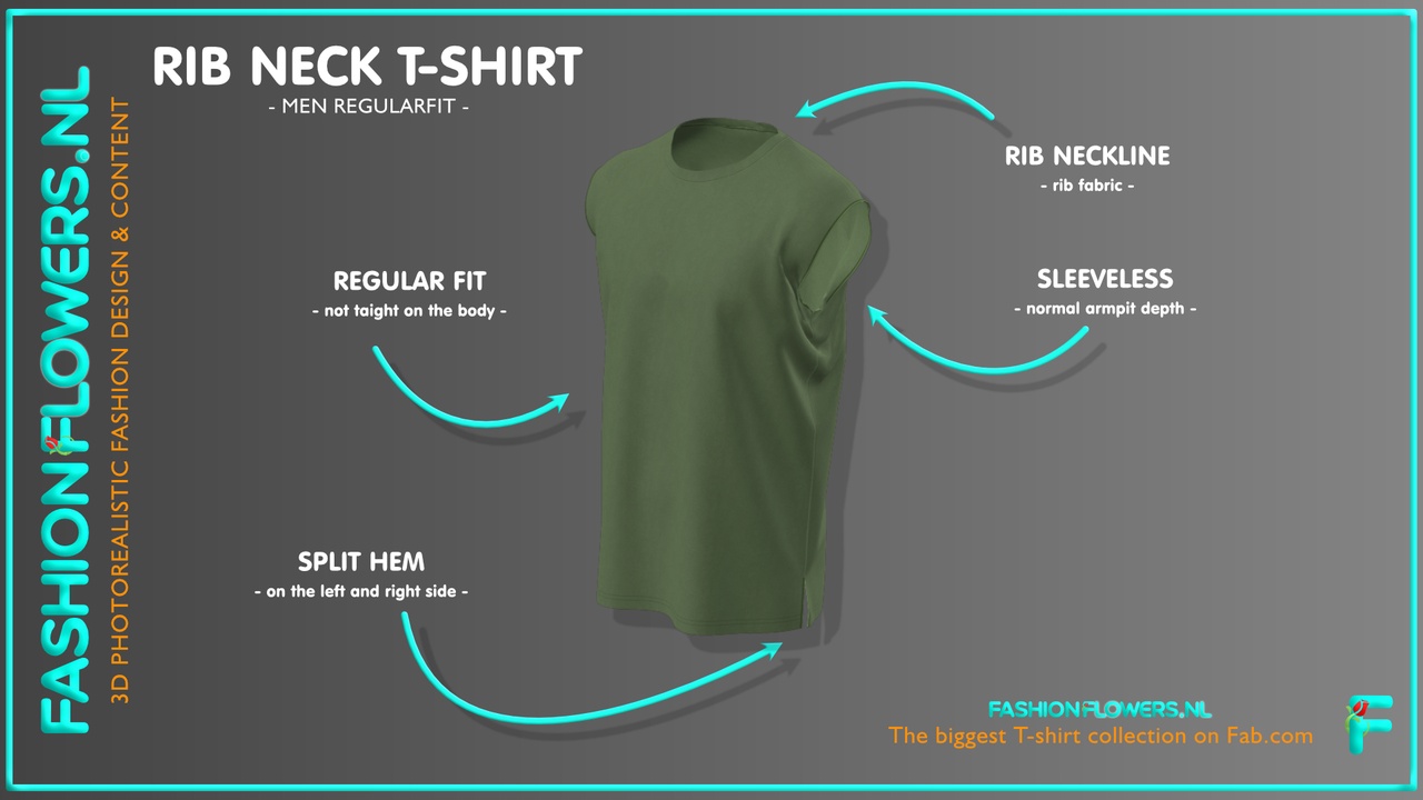 Media 1 for listing Green Colour Sleeveless Side Splits T-shirt | Rib Tape Round-Neck | Straight Hem
