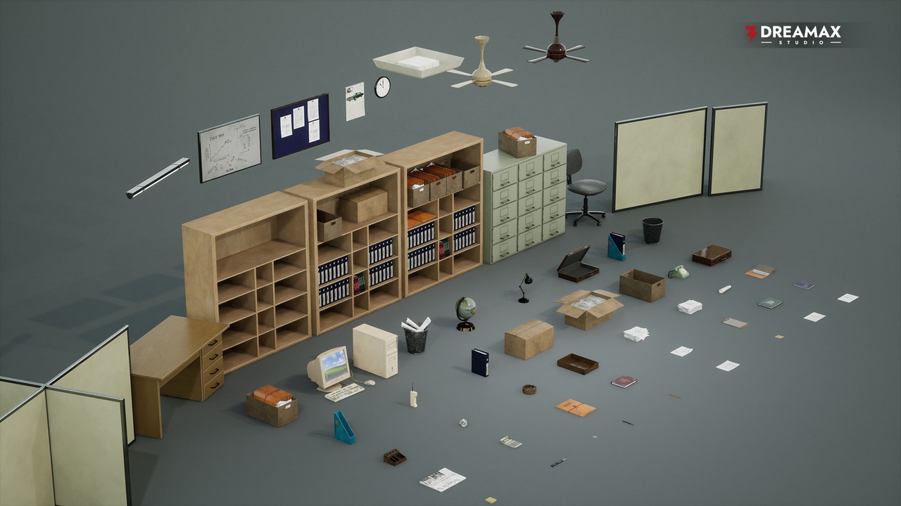 Media 1 for listing Retro Office Props - 90s Cubicle, Desk, Filing & Classic Workplace Assets