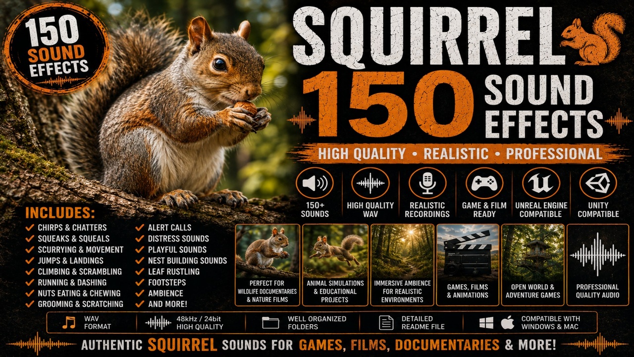 Media 1 for listing Squirrel Sounds 150 Sound Effects FX – Squirrel Chirps, Chatter, Squeaks