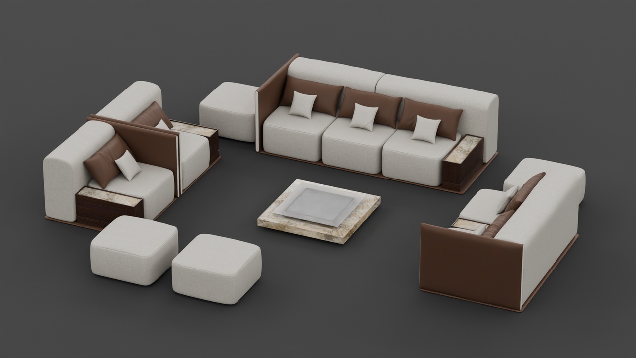 Media 1 for listing Two-Tone Living Room Sofa Set with Marble Accents and Ottoman Poufs