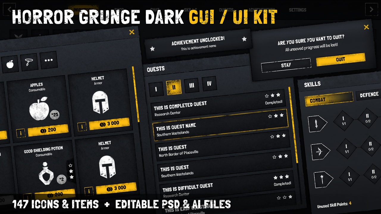 Media 1 for listing Horror / Grunge / Military / RPG Dark GUI / UI KIT + psd/ai source files