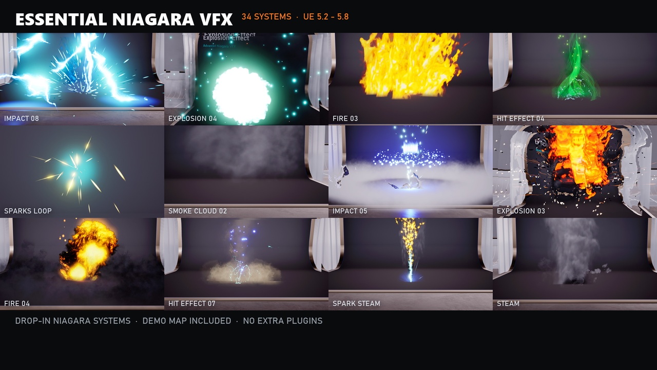 Media 1 for listing Essential Niagara VFX Pack (Fire ,Impact ,Smoke ,Spark ,Explosion)