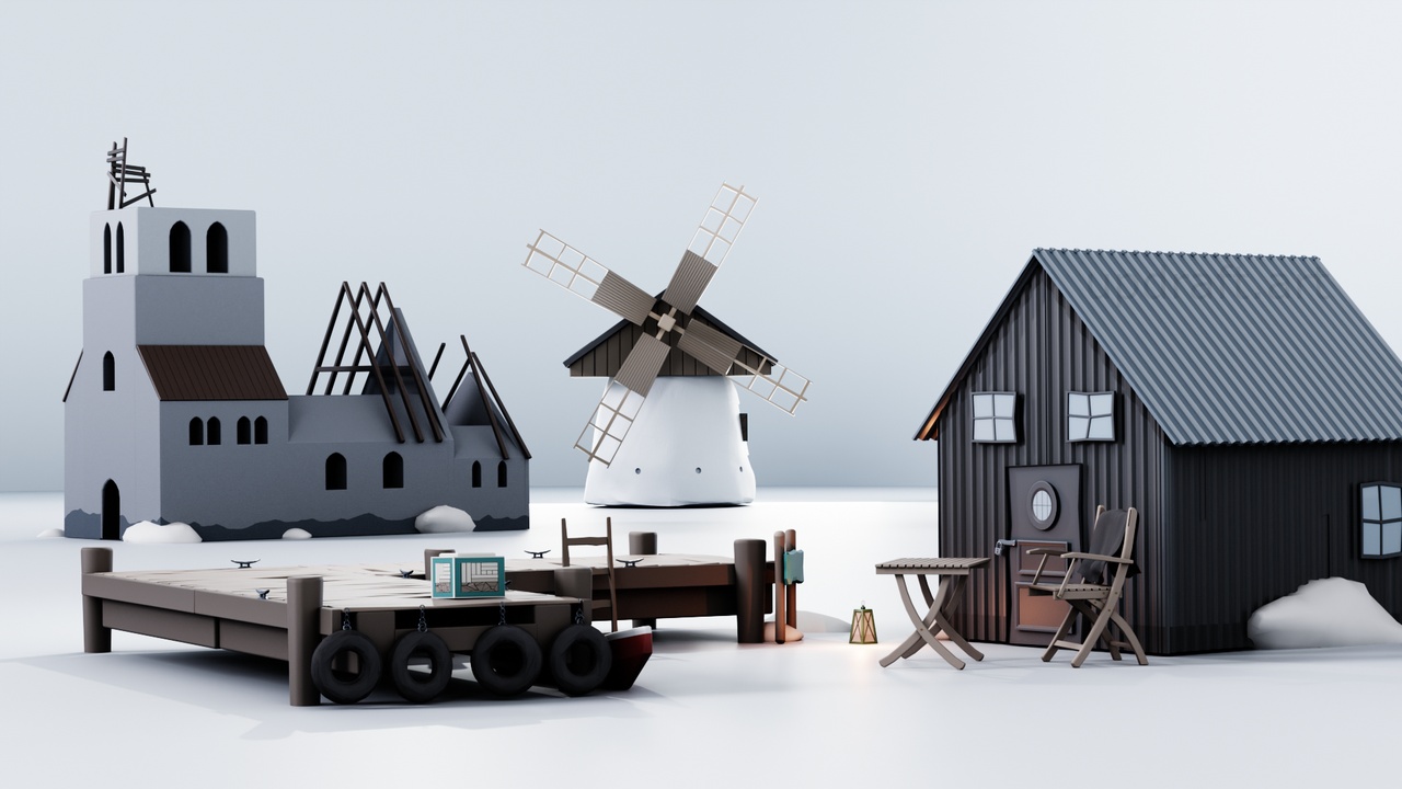 Media 1 for listing Stylized Nordic Village & Coastline – Modular Docks, Boats & Windmill (Low Poly)