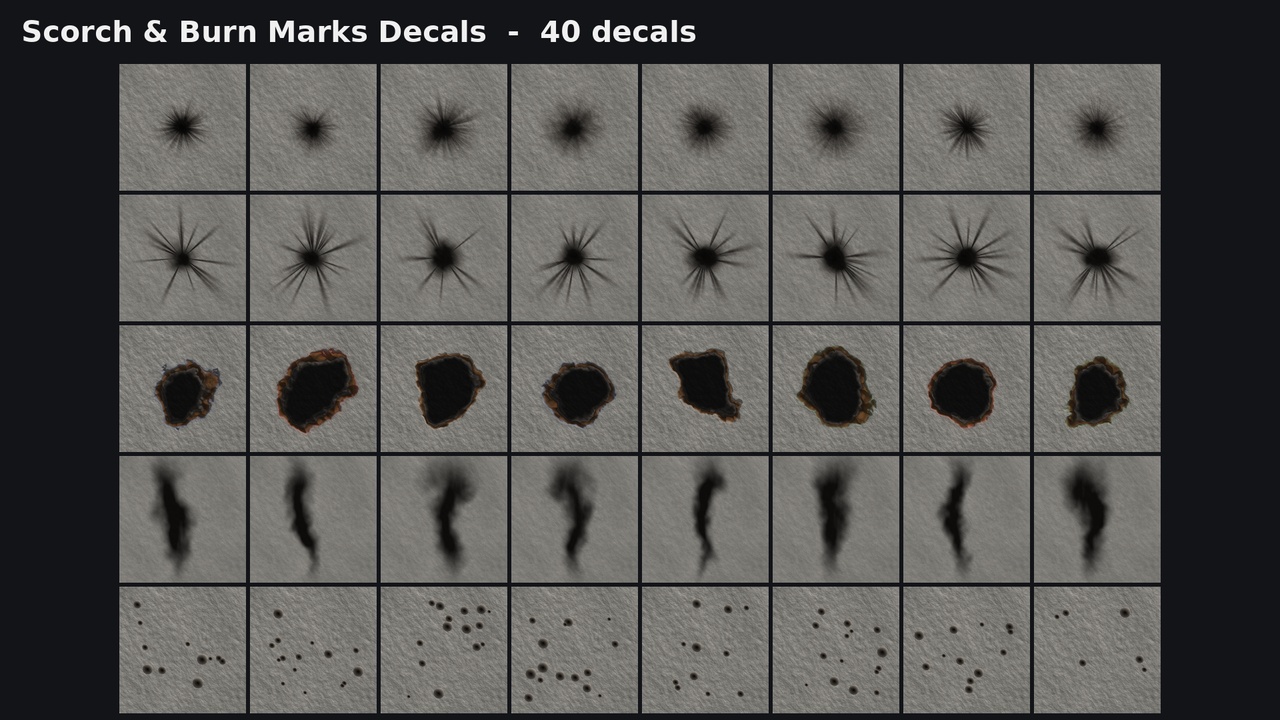 Media 1 for listing Scorch & Burn Marks Decals - 40 Pack for Unity & Unreal