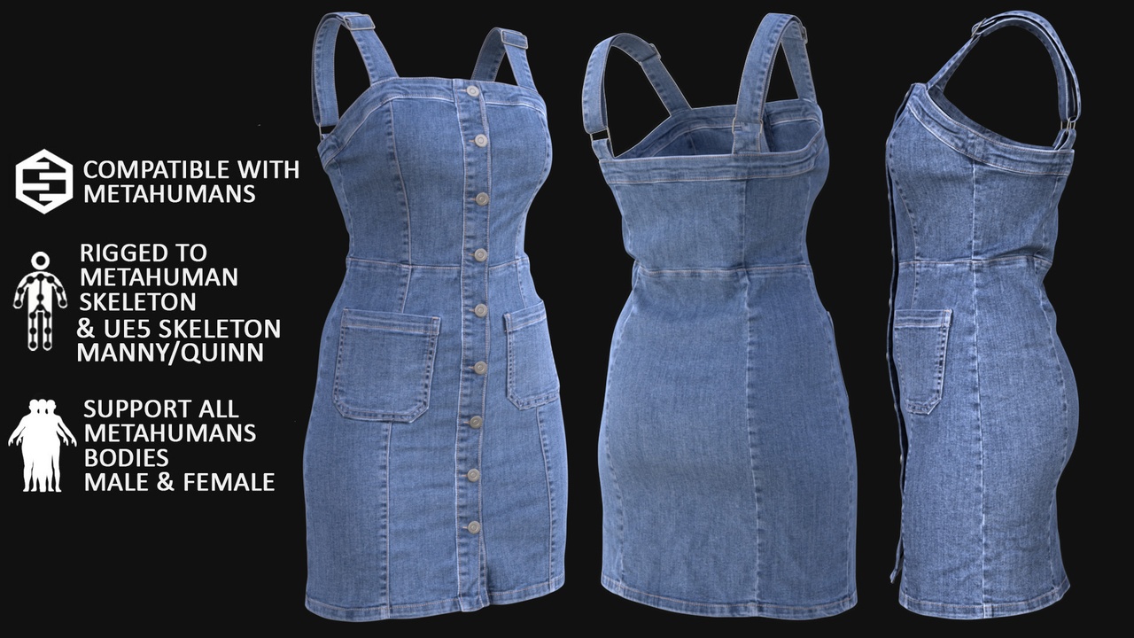 Media 1 for listing Denim Dress for Metahuman 3D model 99 - MH & UE5 Skeletons - Rigged