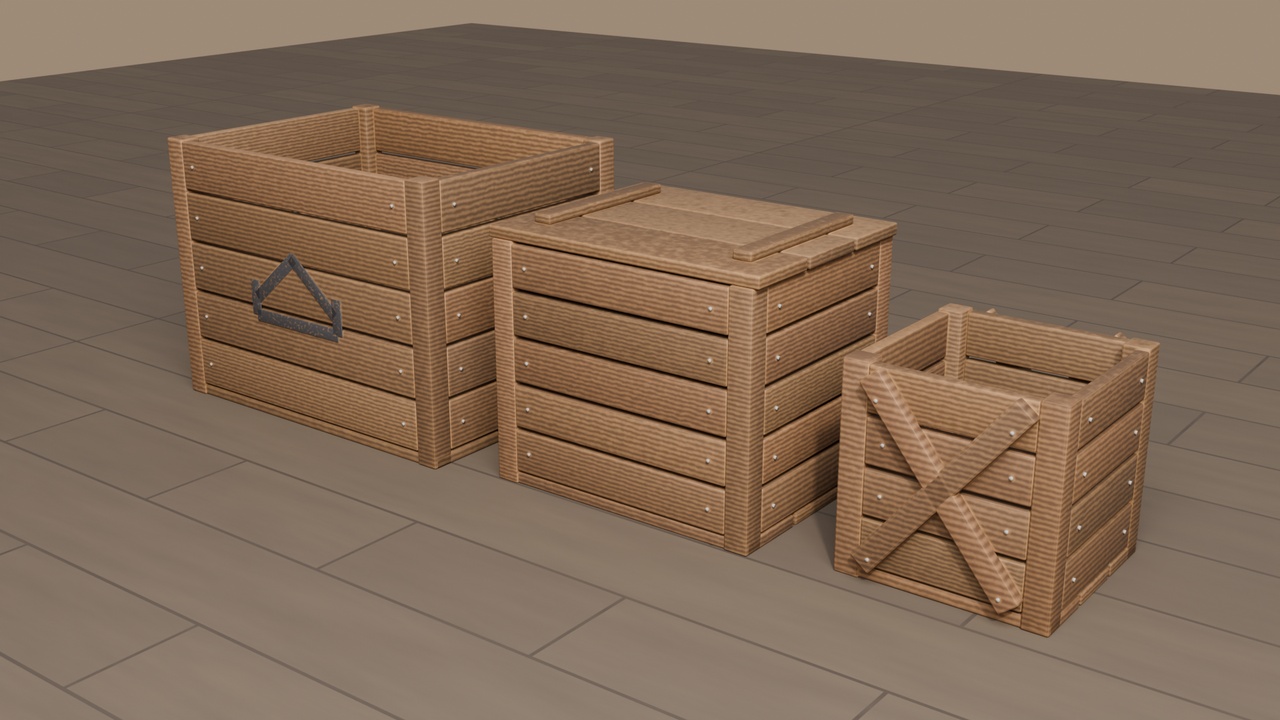 Media 1 for listing Stylized Wooden Crate Set - 3 Crates with Lid, Braces and Stencils