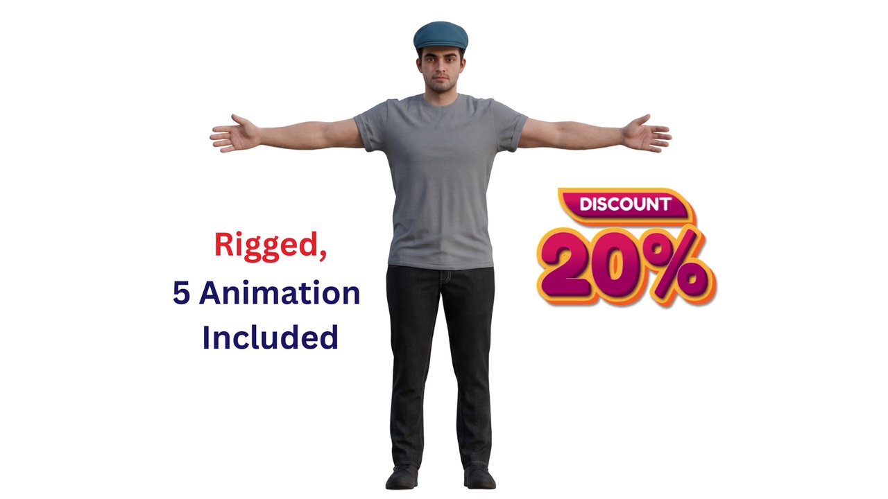 Media 1 for listing Realistic Rigged Indian Male Character with Flat Cap & 5 Animations - Game Ready