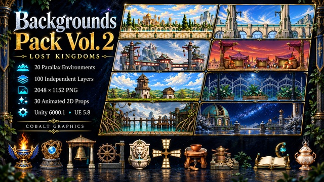 Parallax Backgrounds & 30 Animated 2D Props Vol. 2 - Lost Kingdoms — Cobalt Game Assets
